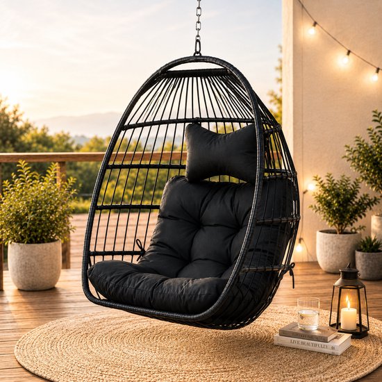 Zwarte rieten hangstoel met dik zwart kussen en kussen, hangend aan een ketting op een houten terras bij zonsondergang.
