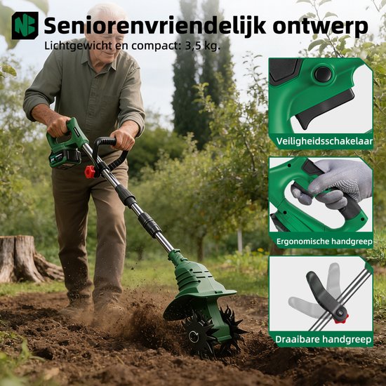 NewBeny Elektrische Grondfrees - 900 tpm Tuinfrees - Draadloze motorhak - 17cm Zaagbreedte - met 2 Accu's - voor het graven en losmaken van de grond van Newbeny — afbeelding 4