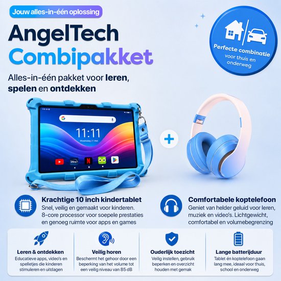 Tablette enfant bleue avec casque rose et bleu, avec icônes pour apprendre, jouer et découvrir.