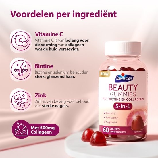 Pot Davitamon Beauty Gummies met uitleg over vitamine C, biotine en zink, met iconen en een gummy.