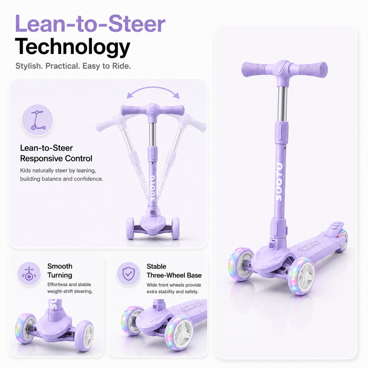 Suotu Kinderstep - Step - 3 Lichtgevende Wielen - EXTRA BREEDE WIELEN - Step 3+ Jaar tot 50kg - Speelgoed Jongens/Meisjes - Lichtpaars — afbeelding 6