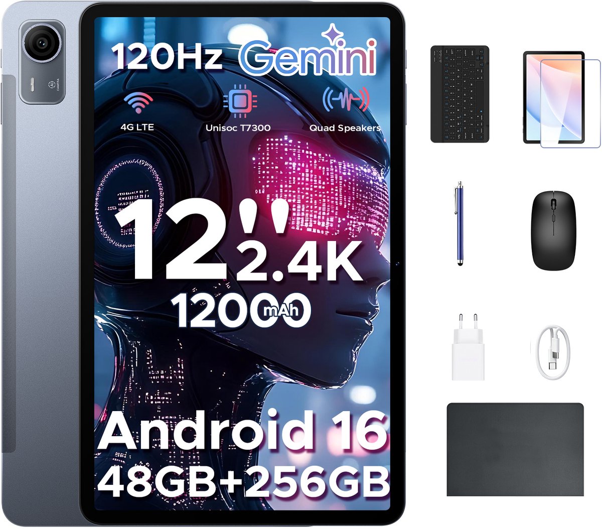 Aorlym P12 Pro - Tablet - 48GB RAM (12+36GB) + 256 GB ROM (2 TB/TF) - 12 Inch 2K 120Hz IPS - Android 16 - 12000mAh/18W - 4G LTE - Wi-Fi 5 - Bluetooth 5.0 - T7300 - Quad Speakers - Volledige accessoirebundel met toetsenbord en stylus