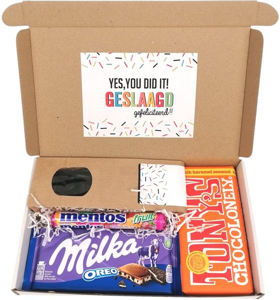 Geslaagd cadeau - Examen cadeau - Diploma - "Yes you did it" Geslaagd - Tony chocolonely - Milka chocolade - Mentos Fruit - zakje drop