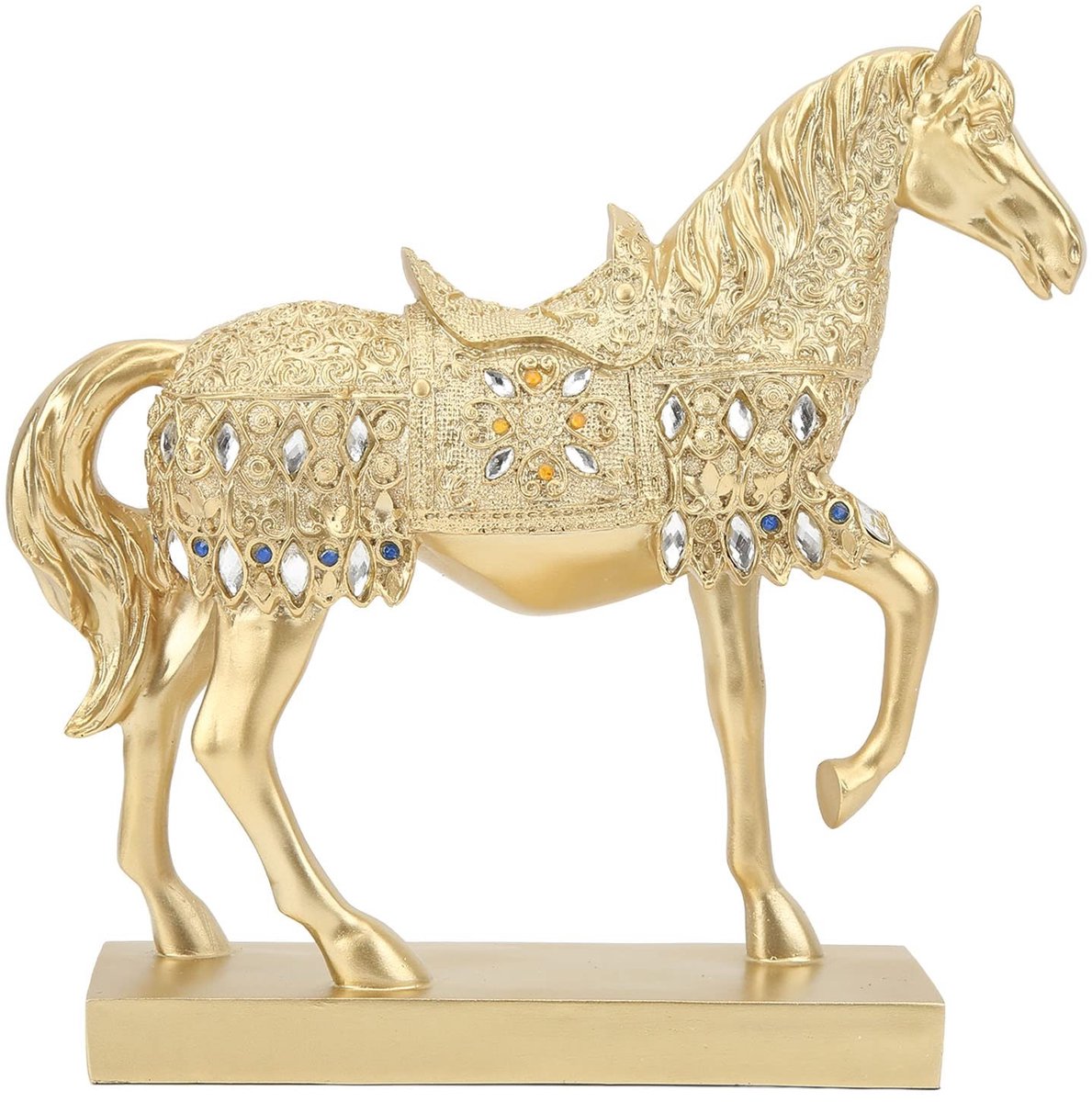Dailygoody - Gouden Paard Beeldje - Dierenkunst - Decoratie voor Thuis en Kantoor - Hars Paard Figuur - Luxe Ornament - 26,3 x 26 x 6,6 cm