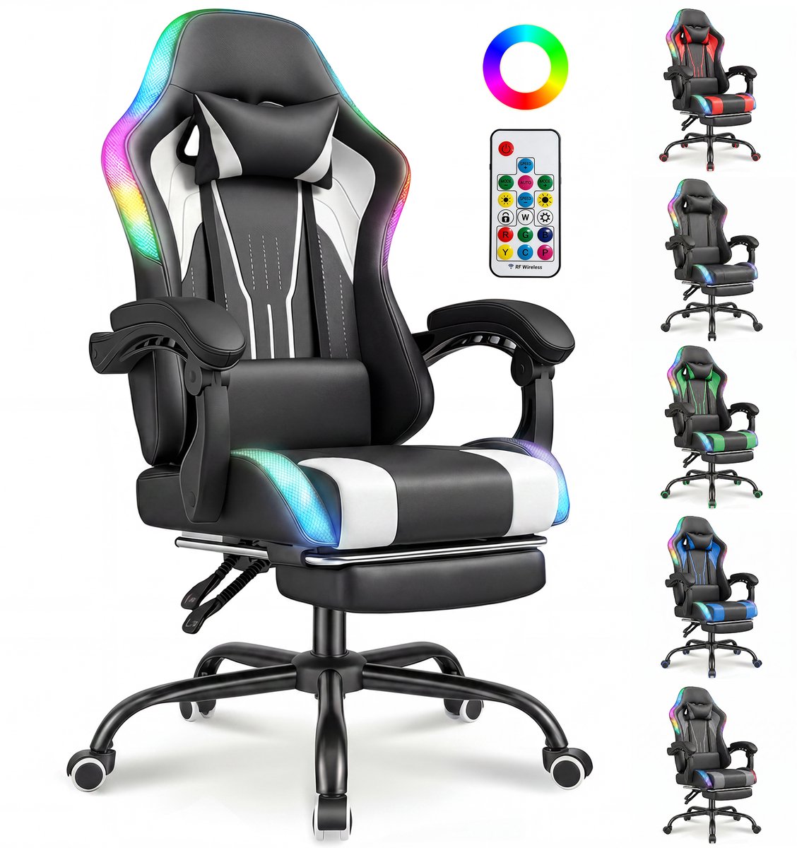 Devoko Game Stoel met ledverlichting-Ergonomische Gamestoel-Gaming chair met voetensteun-Bureaustoel met hoofdsteun en lendensteun-Zwart Wit