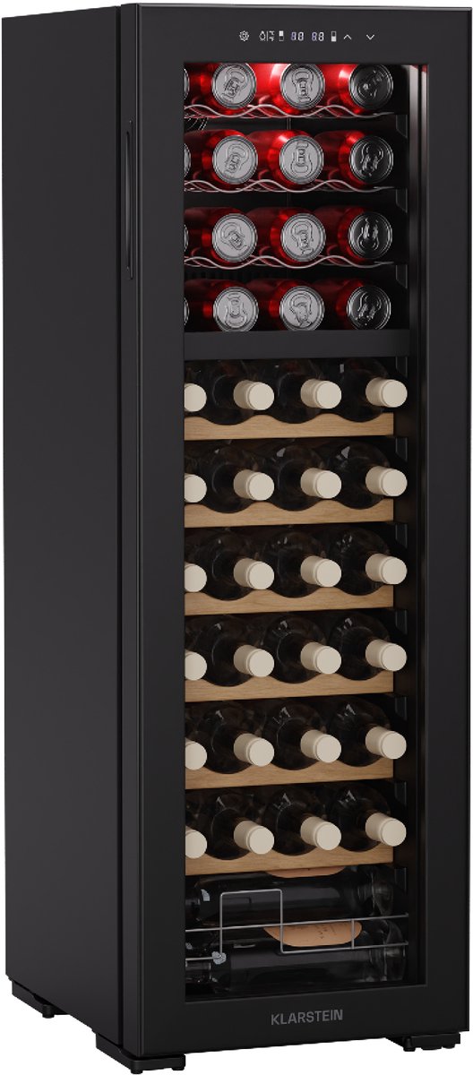 Klarstein Wijnkoeler Bovella 44 Duo+ – 44 flessen, 2 zones, 5–18 °C, touchscreenbediening, ledverlichting, UV-bescherming, vrijstaand, wijnklimaatkast - Wijnkoelkast - 121L 39 dB 48 cm - voor Bar - LED-Verlichting Stil Houten Schappen