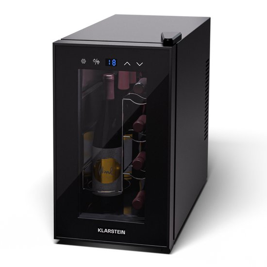 Klarstein Wijnkoeler wijnkoelkast, 1 zone drankkoelkast met glazen deur, geruisloze indoor/outdoor koelkast, kleine 21 L koelkast voor flessen, wijnkast voor dranken, voor 8 flessen - 8-18°C - voor Bar - Touch - Zwart - Wijnklimaatkast