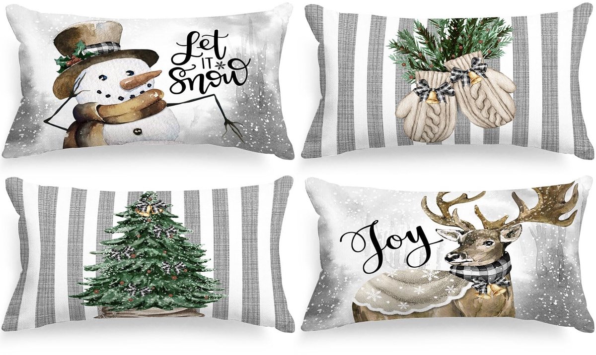 Dailygoody - Kerst Sierkussenhoezen - Set van 4 - 30 x 50 cm - Winter Decoratie - Eland Sneeuwpop Handschoenen - Geschikt voor Woonkamer en Slaap