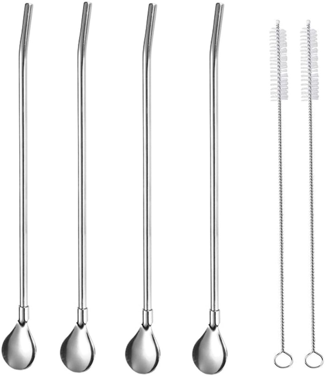 Dailygoody - Zilveren roestvrijstalen drinkrietlepel - Herbruikbare rietlepels - 2-in-1 design - Zilver - Perfect voor smoothies en cocktails - Inclus