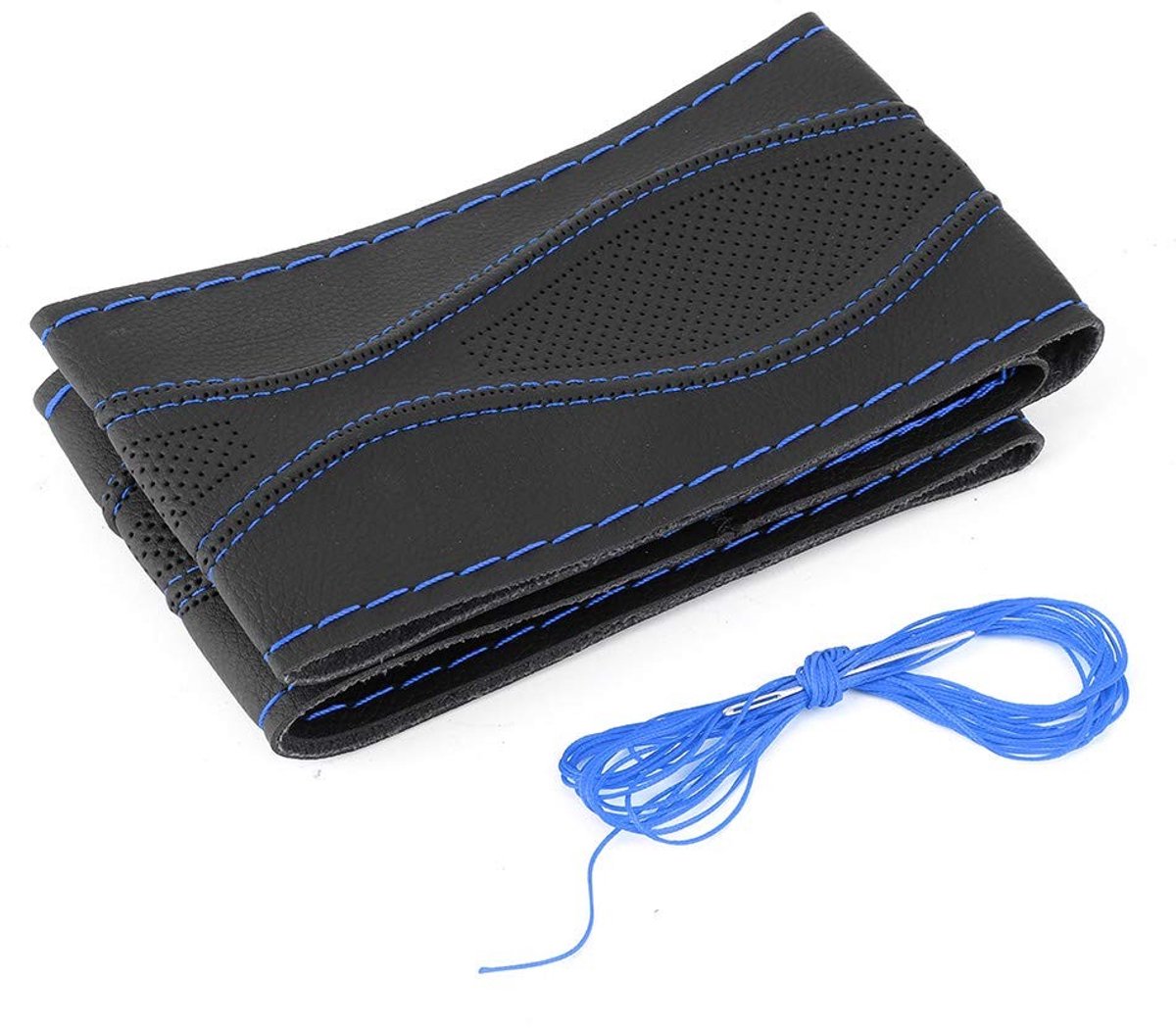 Dailygoody - Stuurwiel Wrap - Universeel - Leer - Zwart Blauw - Stuurhoes - Handgestikt - 38cm/15in