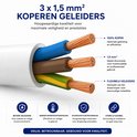Drie koperen geleiders (blauw, bruin, groen/geel) van 1,5 mm² met flexibele kern.