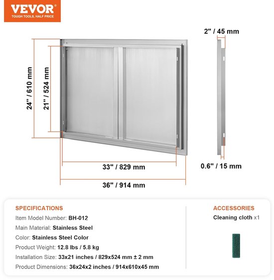 Buitenkeukendeur - Inbouwdeur Roestvrijstaal - Buiten Koken - Omkeerbaar Scharnier - 914x610 mm - Zilver — afbeelding 4