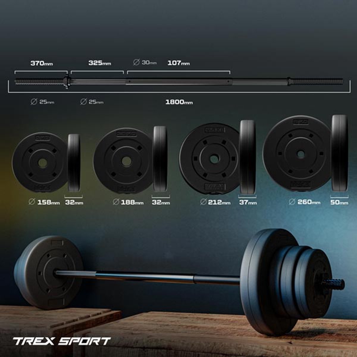 Trex Sport TX-055SG – Krachttraining Set – Fitness Set XXL – Rechte Stang 180 cm – Inclusief 55 kg Bitumen Schijven – Ø 25 mm thumbnail 8