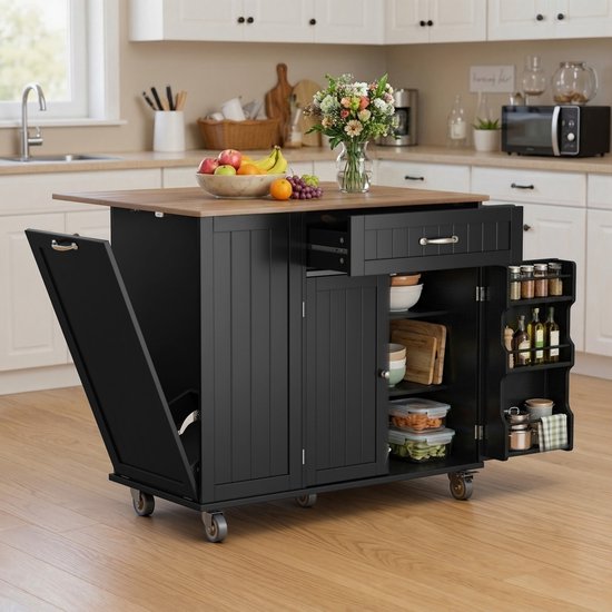 Chariot de cuisine noir avec plateau en bois, armoire ouverte avec vaisselle, corbeille de fruits et grille-pain.