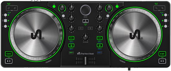 Zwarte dj-controller met grote zilveren draaitafels, groene verlichting en knoppen.
