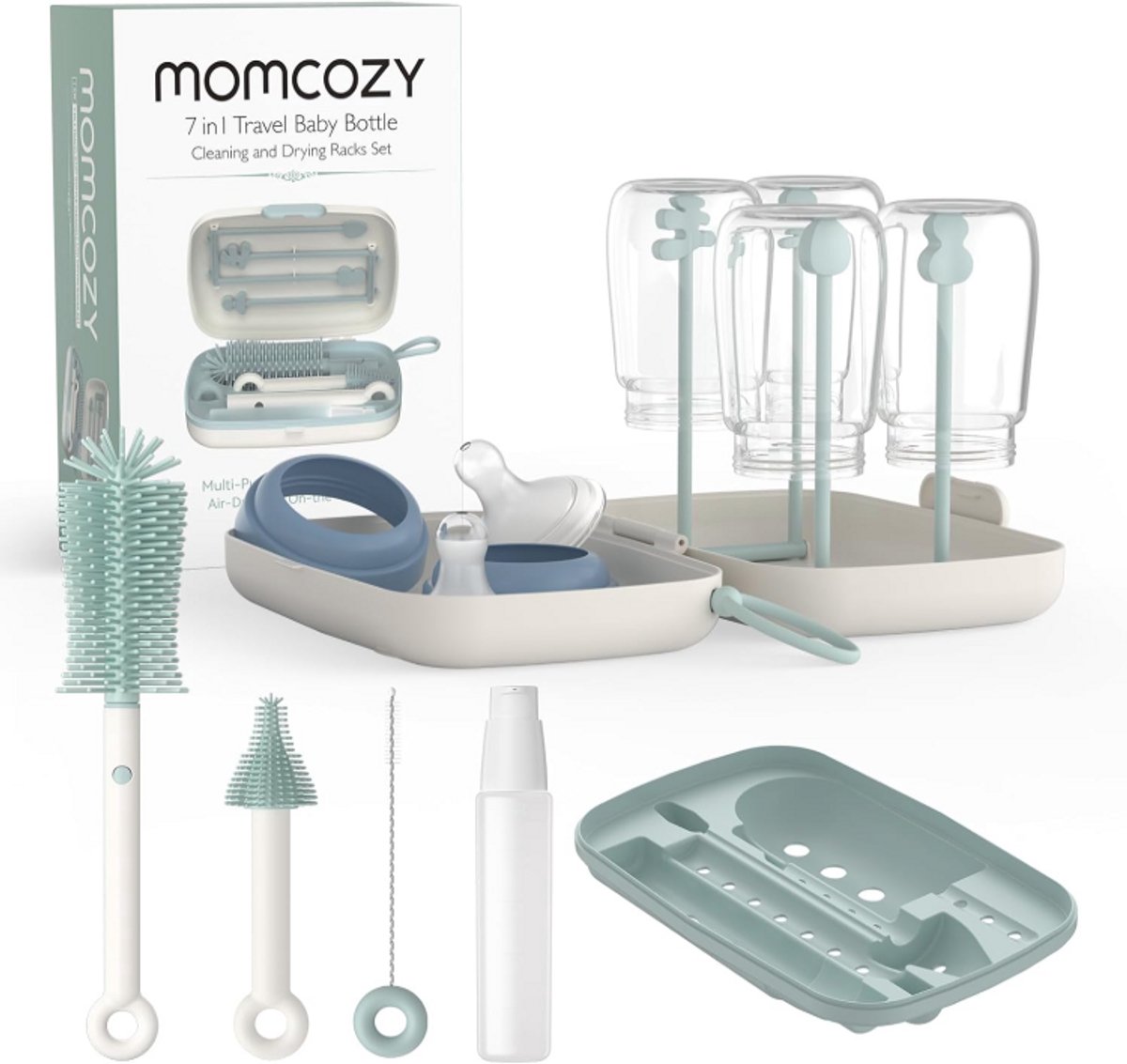 Momcozy 7-in-1 Babyfles Reinigingsset (Groen) – Baby Bottle Cleaner Kit met Siliconen Borstel, Speen- & Rietjesborstels, Zeepdispenser & Droogrek – Draagbare Babyfles Schoonmaakset voor Thuis & Reizen