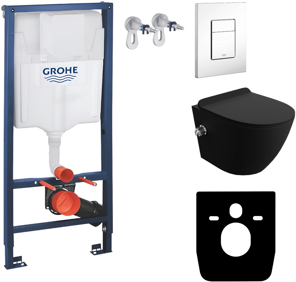 Inbouwreservoir Complete Toiletset Grohe Solido 39069000 - Inbouw WC Hangtoilet Wandcloset Salto Black Mat Zwart - Bedieningsplaat EVEN 3in1 Wit Hoogglans - Voorwandelement - Installatiesysteem