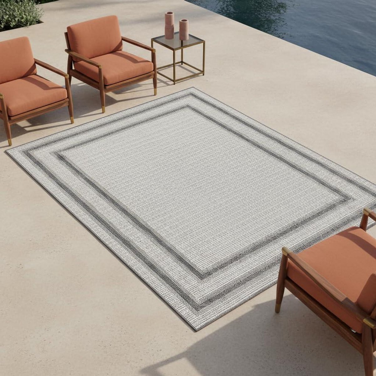 Buitenvloerkleed Randpatroon - Terraskleed Tuinkleed - Buiten Leven - Weerbestendig UV-bestendig - 200 x 290 cm - CREAM