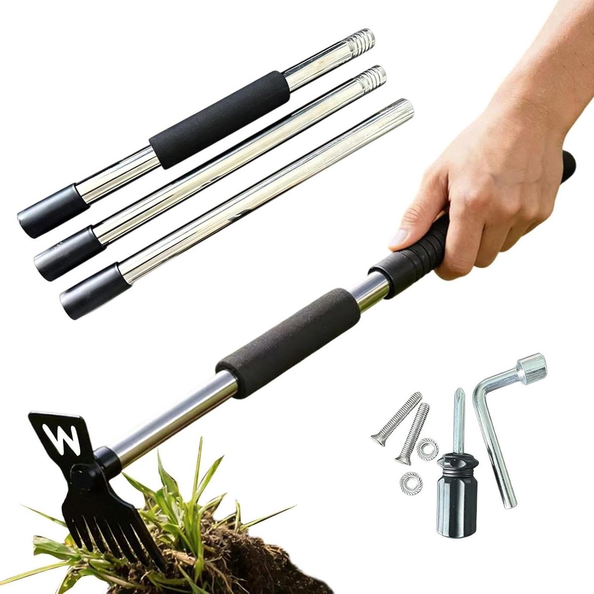 Stro Remover Tool - Handhark Gazon Hark - Onkruid Verwijderen - Roestvrij Staal - 44 cm - Zilver