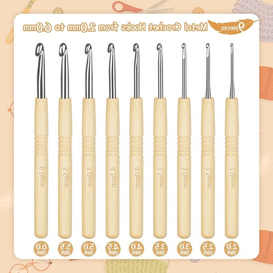 Ergonomische Haaknaalden Set voor Beginners met Bamboe Handvat, Lichtgewicht en Comfortabel voor Artrose, Inclusief Draagtas en Accessoires, Maten 2-6 mm — afbeelding 3