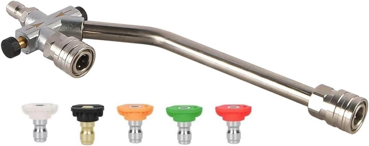 Hogedruklans - Dubbele aansluiting - Buitenkant reinigen - Vijf sproeikoppen - 1/4" snelkoppeling - Zilver