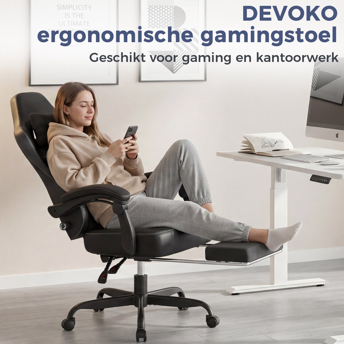 Devoko Game Stoel - Ergonomische Gamestoel - Unieke zijde - katoen stof - Individuele veerkern - Gaming chair met Uitschuifbare Voetensteun-Bureaustoel met hoofdsteun en lendensteun- 150 kg - Zwart – foto 6