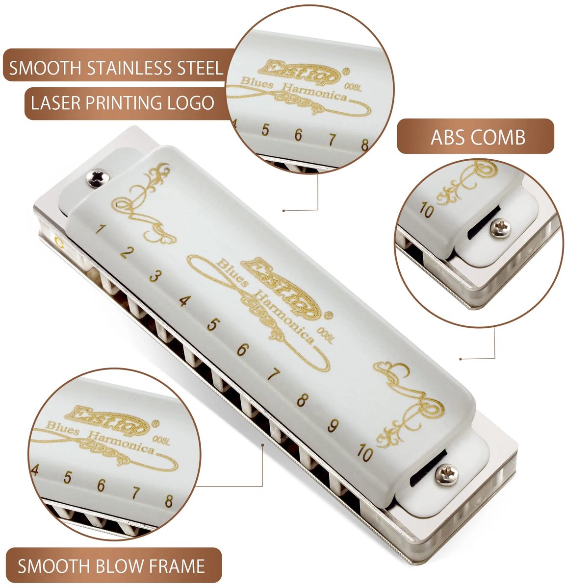 Easttop T008L - diatonische mondharmonica - toonsoort C - prachtig witte uitvoering - ideaal voor beginners en gevorderden