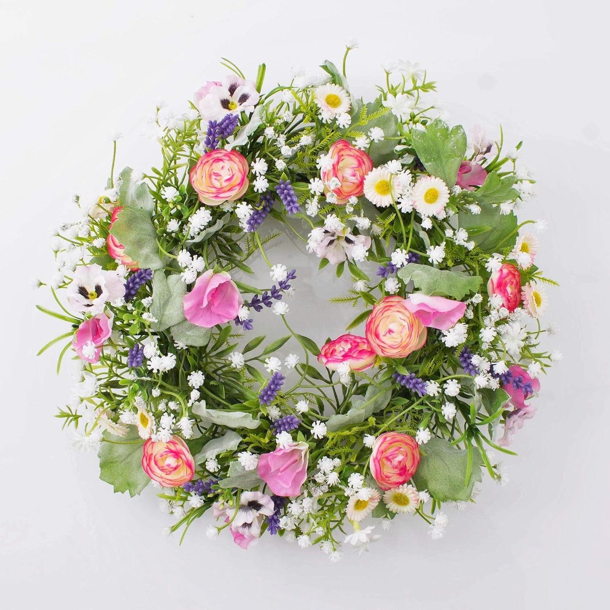 Decoratieve Lentekrans - Kunstkrans Viooltjes - Huis Decoreren - Gedetailleerde Voorjaarsbloemen - Ø 30 cm - Wit Roze Paars
