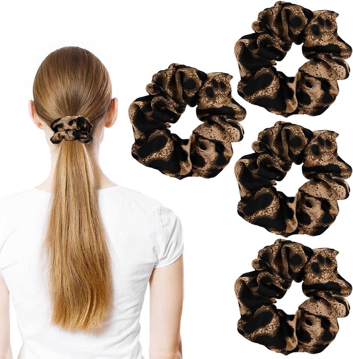 Leopard Print Satijnen Scrunchies voor Dikke Haar, Zachte Elastische Haarbanden voor Vrouwen en Meisjes (4 Stuks)