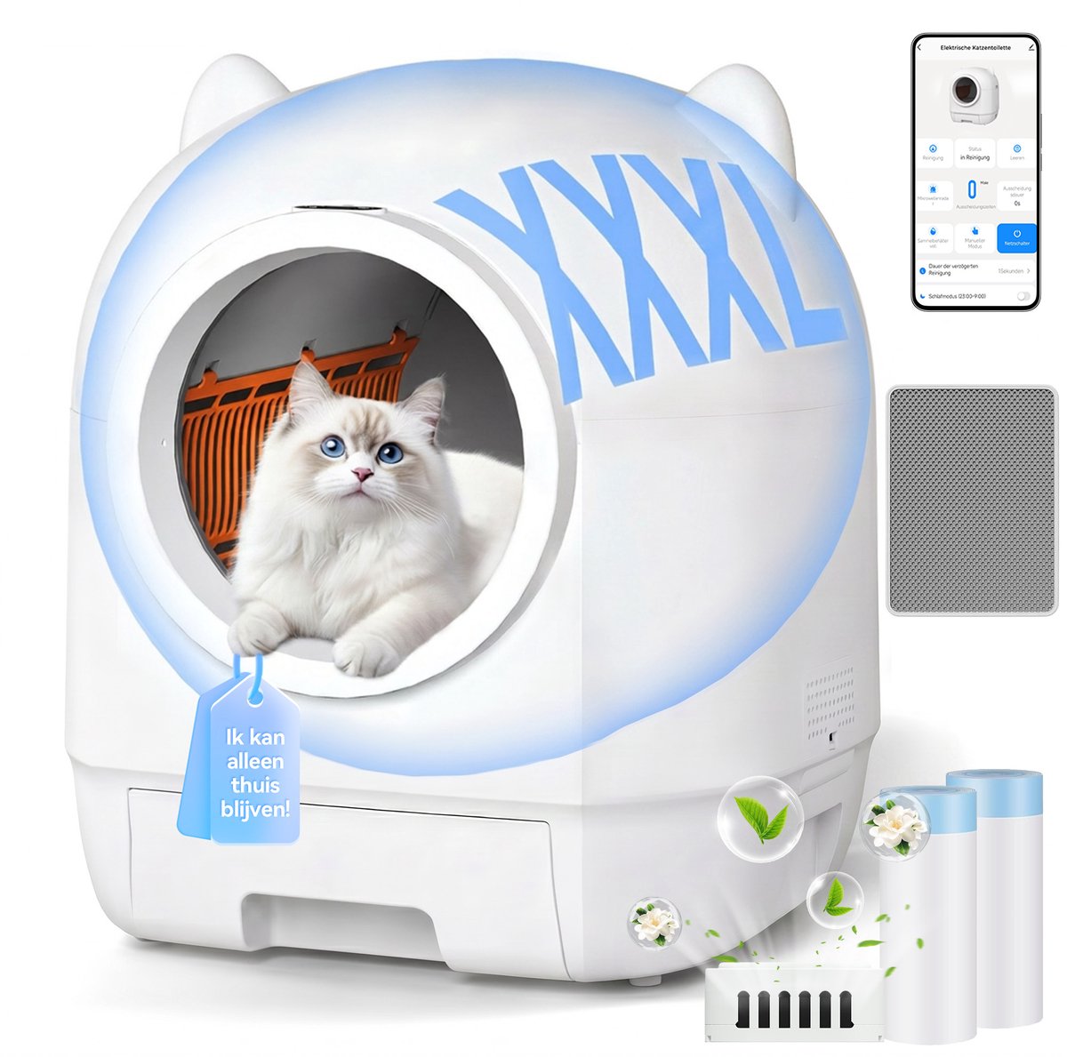 Devoko Automatische Kattenbak XXXL- Zelfreinigende Kattenbak 90L-Ondersteunt bediening via app - Langdurige geurcontrole -Uitgerust met een veiligheidssensor - Wit