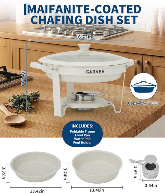Chafing Dish Set van 6 - 4.7 Liter (5QT) - Ronde Buffet Warmhouders met Glazen Deksel - Wit met Maifaniet Coating - Non-Stick & RVS - Horeca & Catering — afbeelding 5