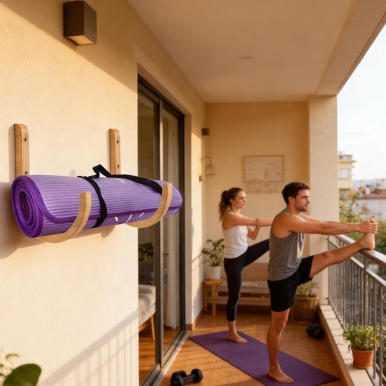 Yogamathouder Wandmontage - Fitness Organizer - Sportmateriaal Opslag - Duurzaam Hout - 28 x 14 x 5 cm - Houtkleur — afbeelding 2