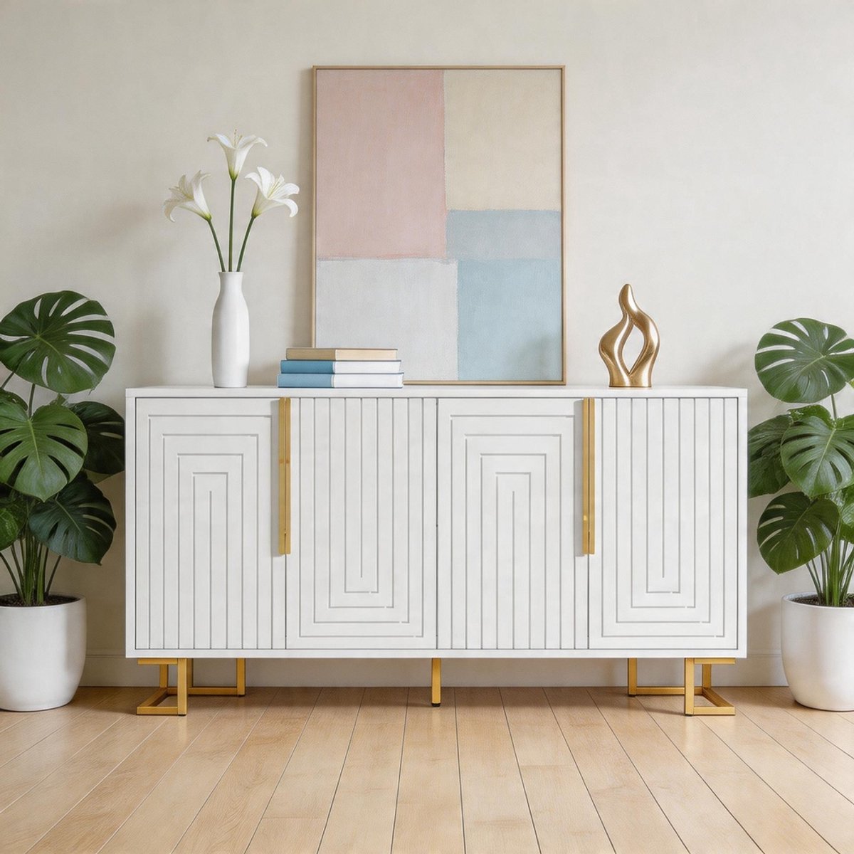 Komhtom - Wit dressoir met geometrisch ontwerp - 152×40×75 cm - Elegante uitstraling met gouden handgrepen en poten