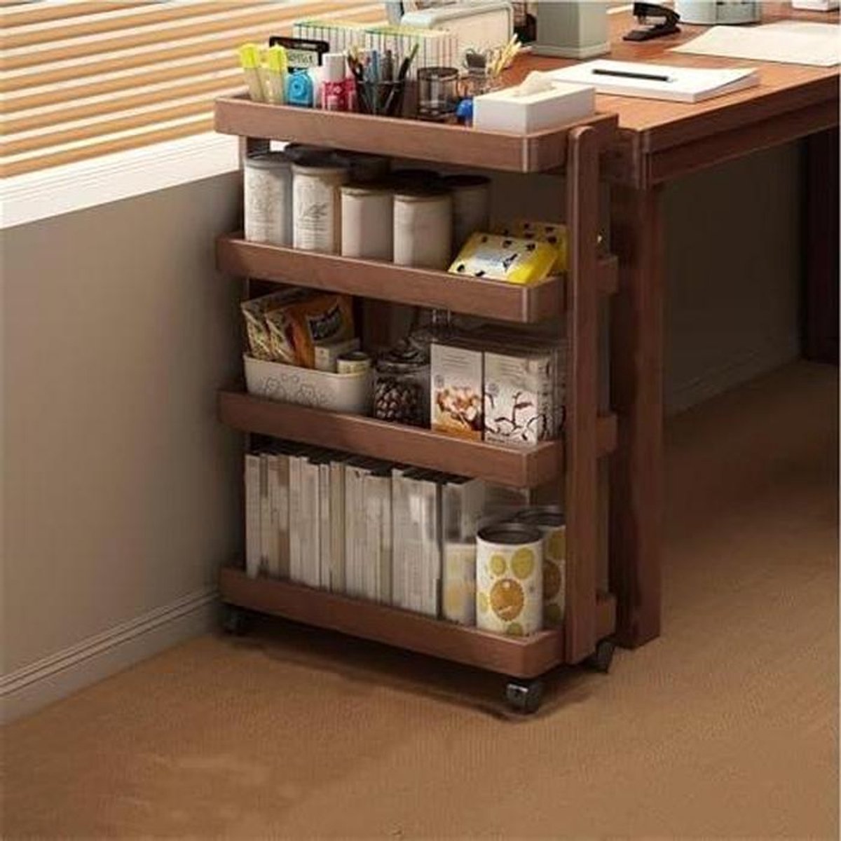 Houten Opbergkar - Mobiele Trolley - Ruimte Organiseren - Verhoogde Plankranden - 40cm - Bruin