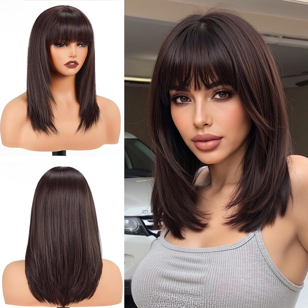 Bruine Schouderlange Bob Peruc k met Rechte Pony voor Vrouwen en Meisjes, Natuurlijke Synthetische Haar voor Carnaval, Halloween en Feestjes, 40 cm