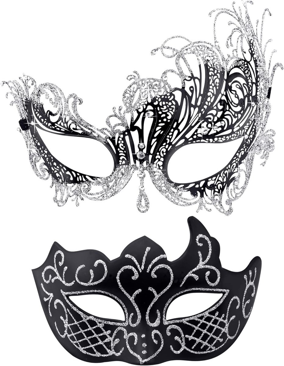 Elegante Venitiaanse Maskers voor Stellen - Zwart en Zilver, Perfect voor Halloween en Feestjes