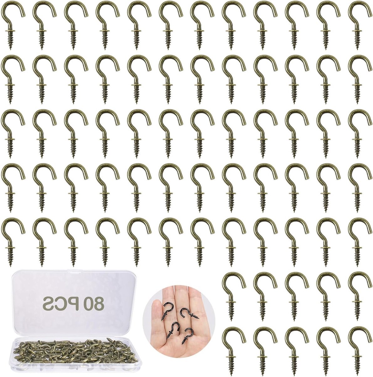 Set van 80 kleine schroefhaken, 1/2 inch bronzen haken voor plafondbevestiging, ideaal voor het ophangen van planten, kunst en kerstdecoratie