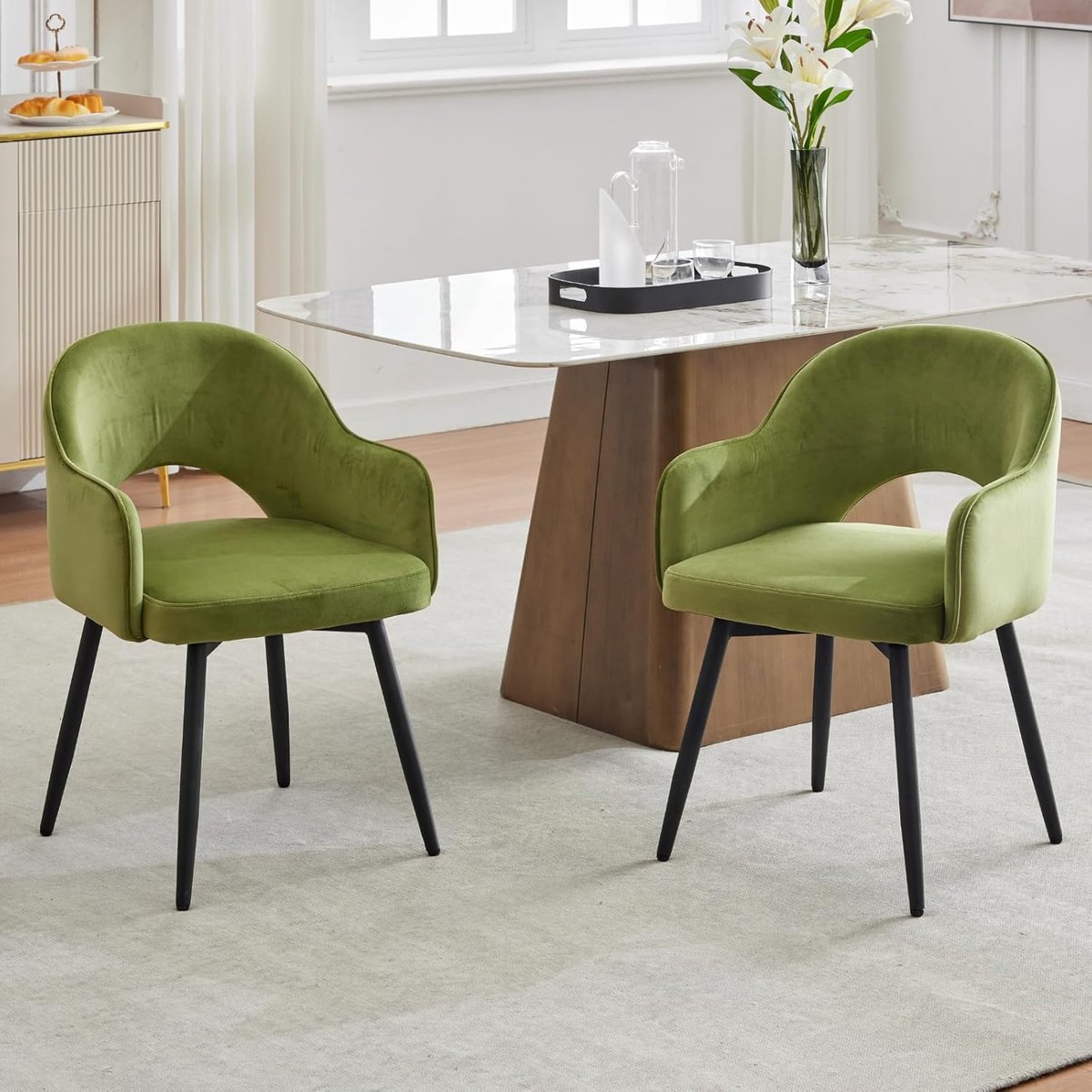Luxe Velvet Draaibare Eetkamerstoelen Set van 2 met Armleuningen en 360° Rotatie – Comfortabele Design Keukenstoelen 53 x 53 x 78 cm – Groen