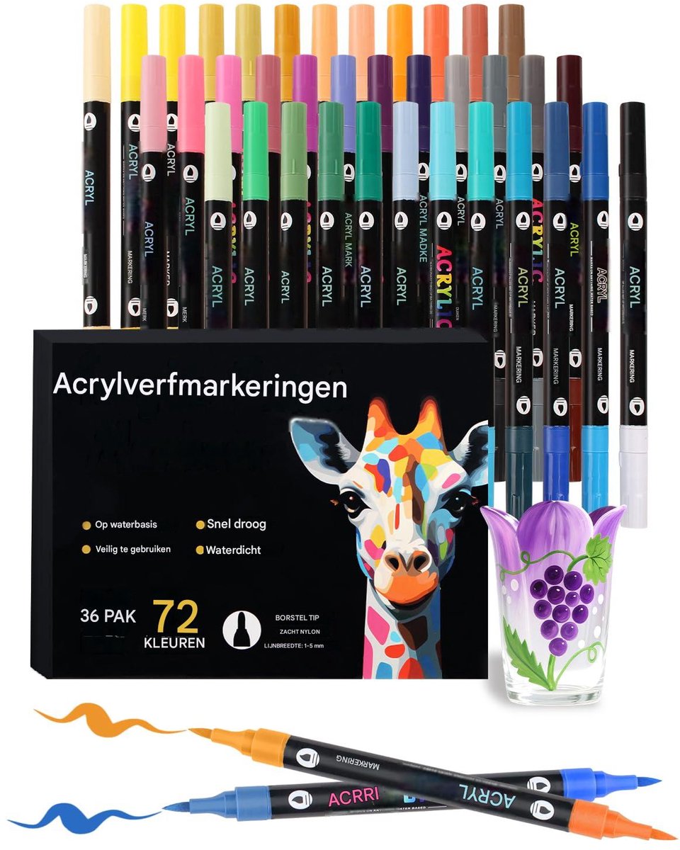carmdering - Acryl Markeerstift - Dual-color Stift - 2-in-1 Stift - 36 stuks (72 kleuren), sneldrogend, geurloos - Dekkend, niet giftig - Op hout, steen, metaal en doek - Perfect voor kunstenaars en hobbyisten - Cadeau voor kerst en verjaardag