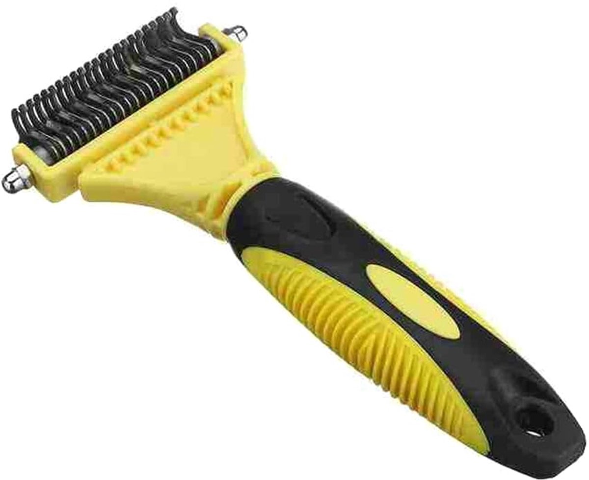 carmdering - Ontklittingskam - Hondenscheerkam - Klittenkam - Geel, roestvrij staal, antislip handvat - Voor grote honden (Golden Retriever, Labrador) - Verwijdert dode ondervacht en klitten - Zacht voor de huid, ergonomisch