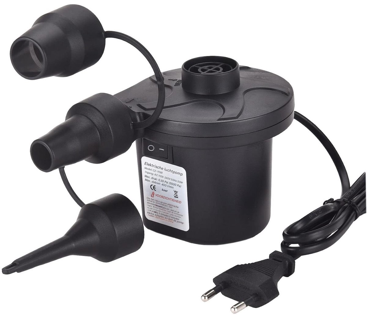 carmdering - Luchtpomp - Elektrische Luchtpomp - 2-in-1 Pomp - Blaas en zuig, 3 mondstukken (S, M, L) - Compact en draagbaar - Voor zwembad, luchtbed, boot en opblaasbaar speelgoed - Niet voor banden of ballonnen