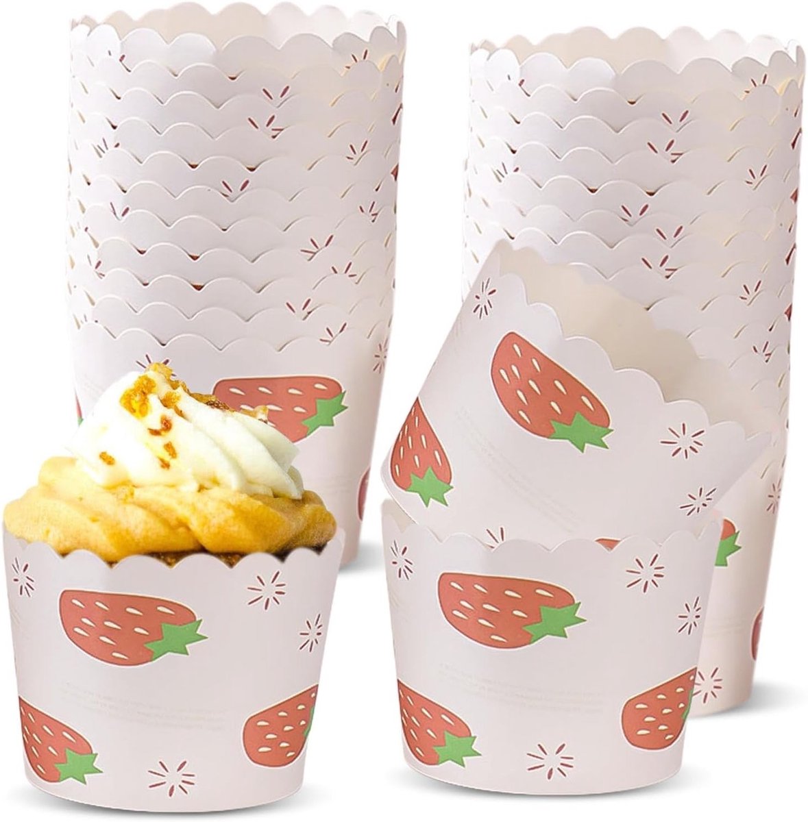 Muffinvormen en cupcakeboxen met aardbeienprint, herbruikbare papieren bekers voor desserts en muffins