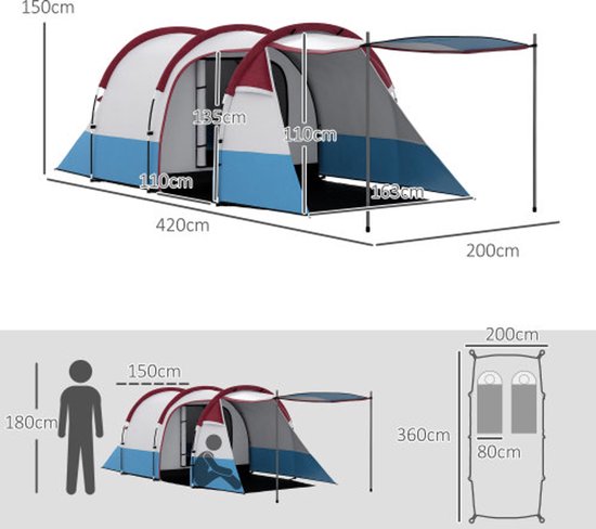 Tunnel tent voor 3 personen, 2‑kamer kampeertent met voorruimte en lichthaak, wind‑ en waterdicht (2000mm), pop‑up tent rood met draagtas — afbeelding 5