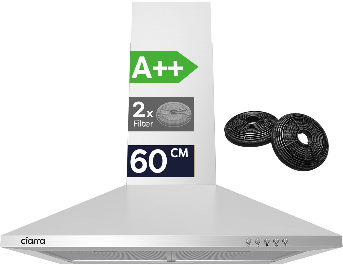 CIARRA VMS6201 - Afzuigkap 60 cm WandAfzuigkap A++ 370 m³/u, 3 Standen met LED RVS