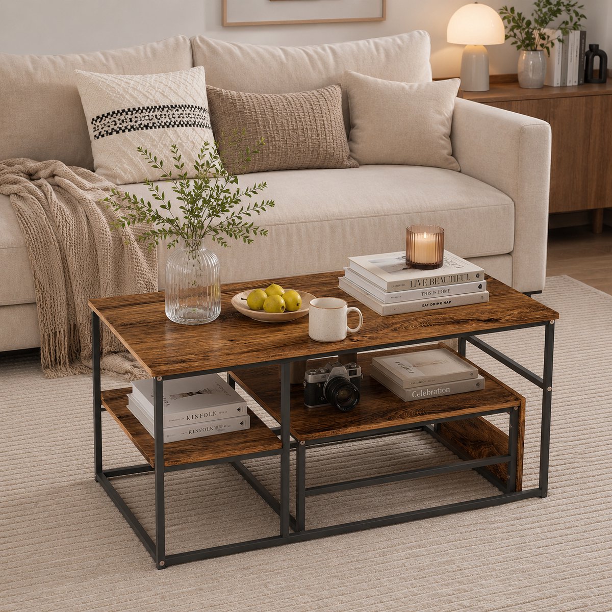 Salontafel voor de woonkamer - Set van 2 - stalen frame met plank - walnootkleurige bijzettafel - industriële en Scandinavische stijl - 105x52x50cm
