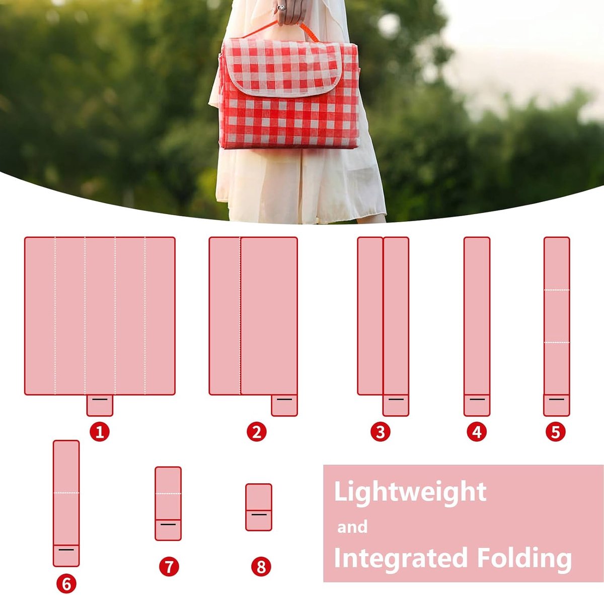 Picknickkleed - 200 x 300 cm - Waterdicht - met Handvat - Opvouwbaar Buitenkleed - Campingkleed - Picknickdeken voor Buiten - Draagbare tuin-strandmat - Strandkleed - zandbestendig - voor Strand, Park, Barbecue, Wandelen - rood-wit geruit — cadeau in Sport & Outdoor - foto 2