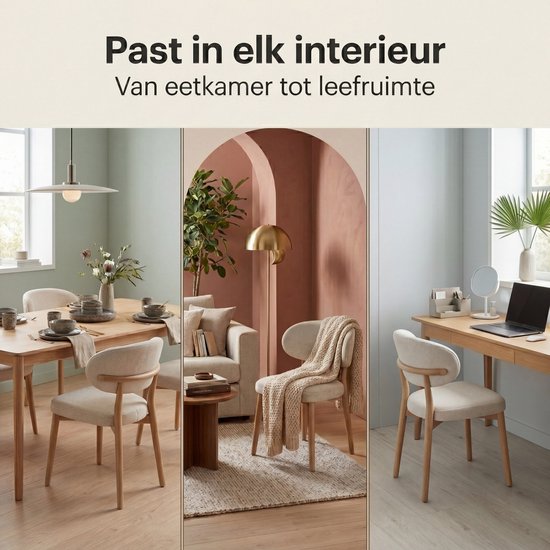 Montage van een eetkamer, woonkamer en studeerkamer met beige eetkamerstoelen met stoffen zitting en houten frame.