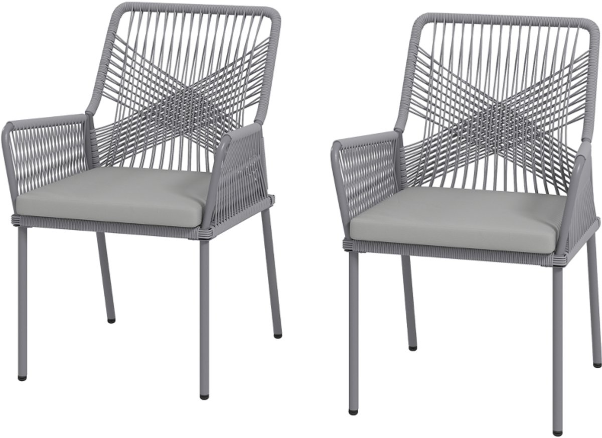 Donkergrijs, 57 x 61 x 84 cm, 2-delige Set Rattan Tuinstoelen Met Armleuning, Verwijderbaar Zitkussen, Weerbestendig, Outdoor Eetkamerstoelen Voor Tuin, Balkon En Terras