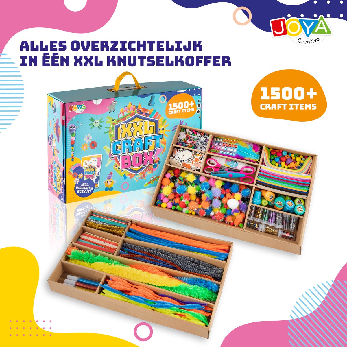 Knutseldoos XXL - 1500+ Knutselitems - Knutselpakket voor Kinderen - Inclusief Inspiratieboekje, Glitter, Vilt, Pijpenragers, Foam, Stempels & Veilig Scharen - Creatieve Knutselkoffer 3+ Jaar - Joya Creative — afbeelding 6