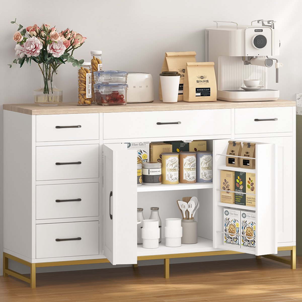 Opbergkast - Dressoir - Keukenkast - TV Meubel - Met 3 Deuren en 6 Lades - Industrieel Metaal & Hout - 140x80x40 cm - Voor Woonkamer, Eetkamer, Hal of Keuken - Wit